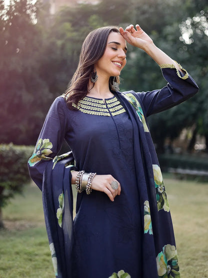 Navy Blue Cotton Straight Pakistani Kurta Trouser Dupatta Set