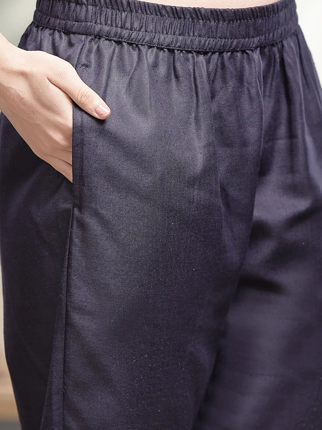 Navy Blue Cotton Straight Pakistani Kurta Trouser Dupatta Set