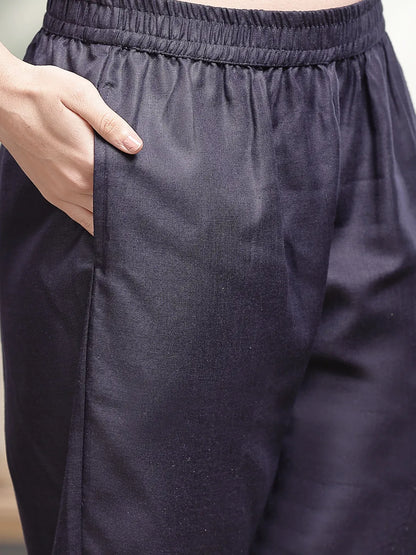 Navy Blue Cotton Straight Pakistani Kurta Trouser Dupatta Set