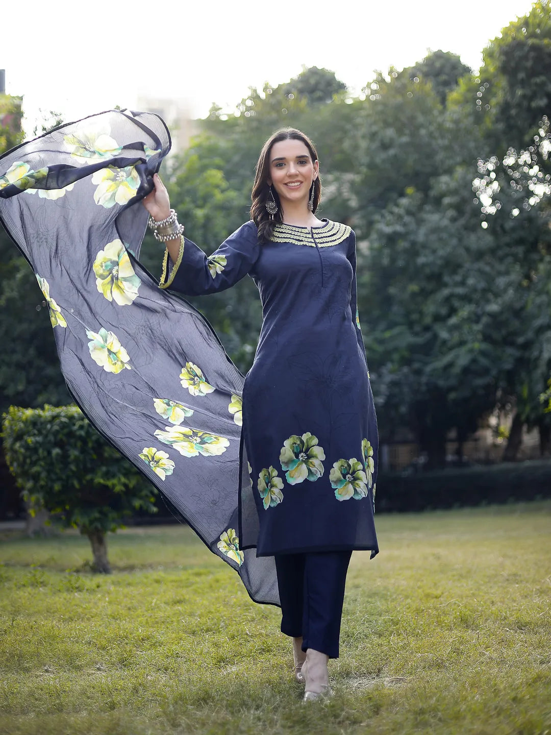 Navy Blue Cotton Straight Pakistani Kurta Trouser Dupatta Set