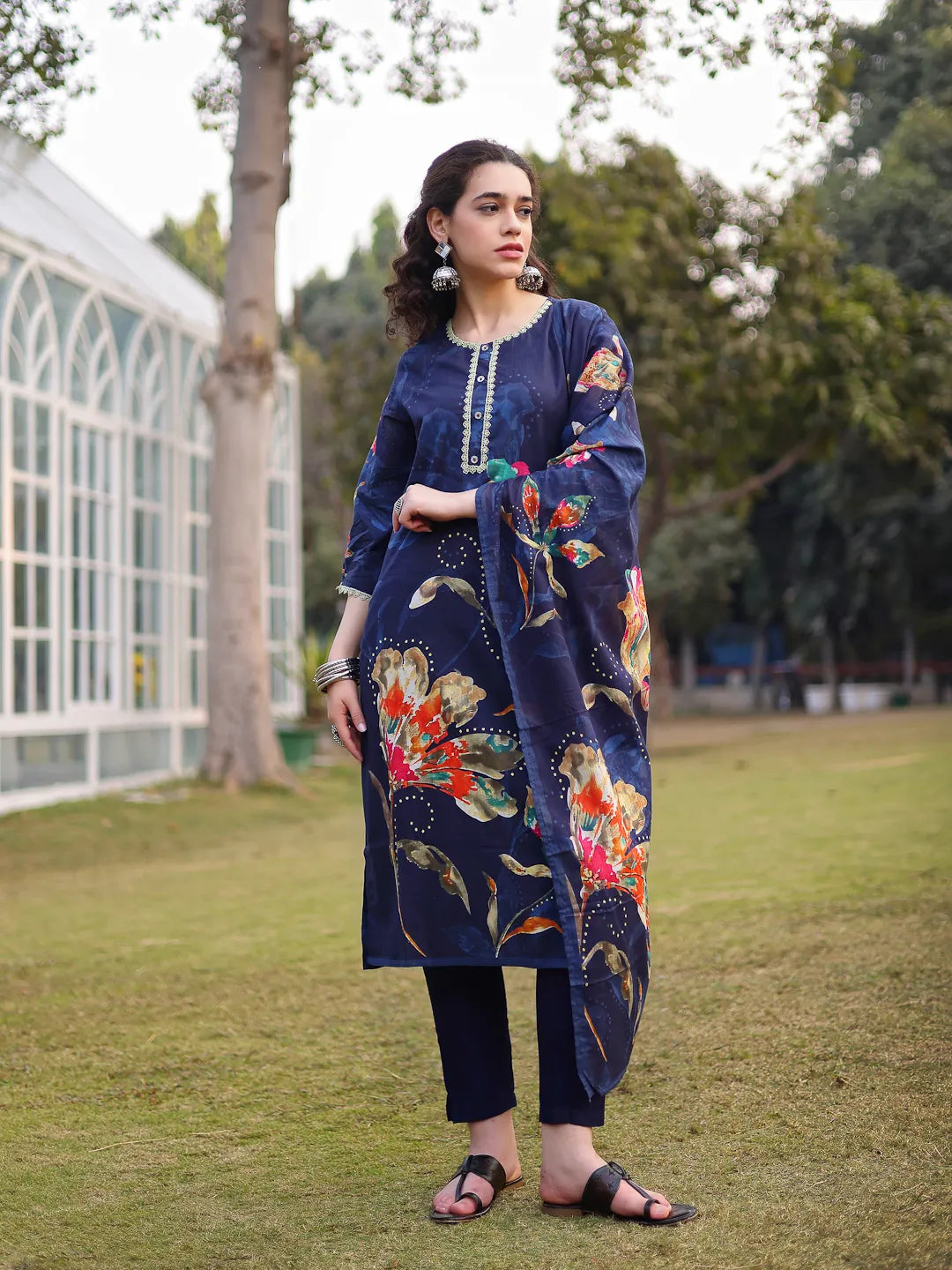 Navy Blue Pure Cotton Pakistani Straight Kurta Dupatta Pant Set