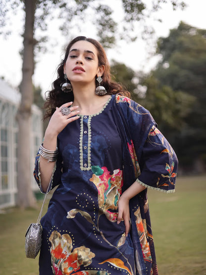 Navy Blue Pure Cotton Pakistani Straight Kurta Dupatta Pant Set