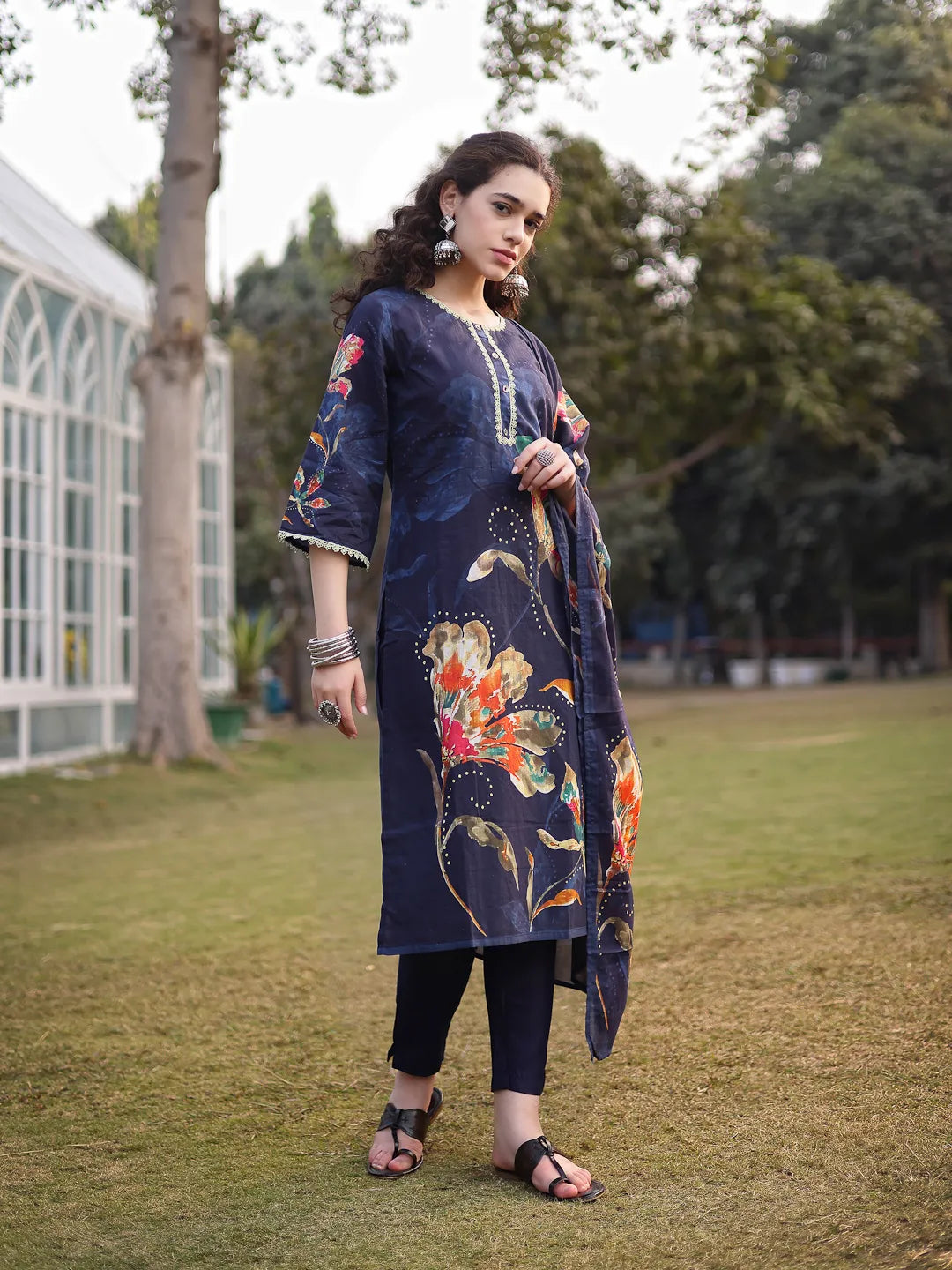 Navy Blue Pure Cotton Pakistani Straight Kurta Dupatta Pant Set