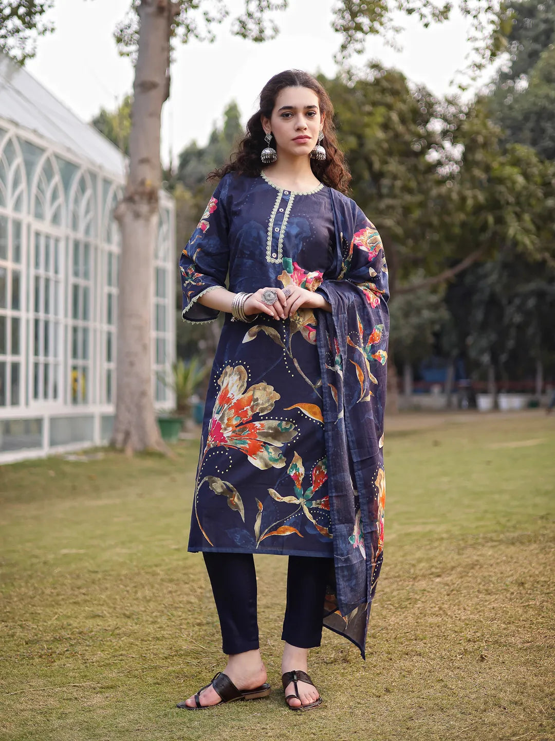 Navy Blue Pure Cotton Pakistani Straight Kurta Dupatta Pant Set