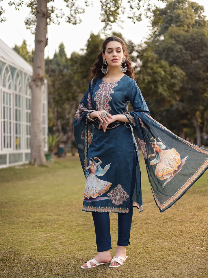 Teal Blue Pure Cotton Pakistani Straight Kurta Dupatta Pant Set