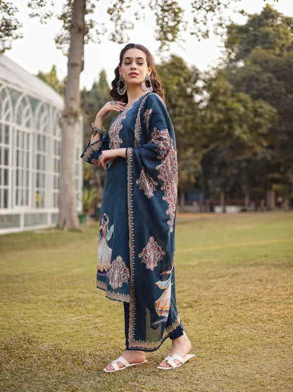 Teal Blue Pure Cotton Pakistani Straight Kurta Dupatta Pant Set