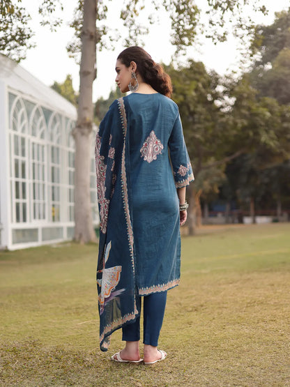 Teal Blue Pure Cotton Pakistani Straight Kurta Dupatta Pant Set