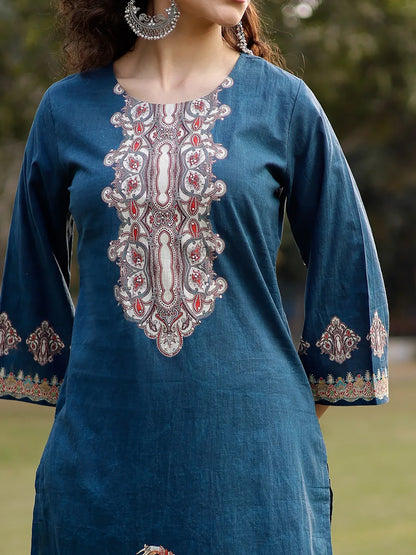 Teal Blue Pure Cotton Pakistani Straight Kurta Dupatta Pant Set