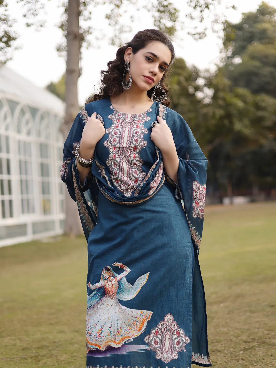 Teal Blue Pure Cotton Pakistani Straight Kurta Dupatta Pant Set