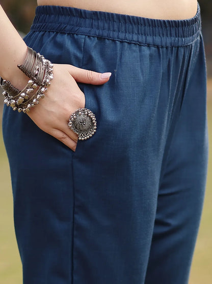 Teal Blue Pure Cotton Pakistani Straight Kurta Dupatta Pant Set