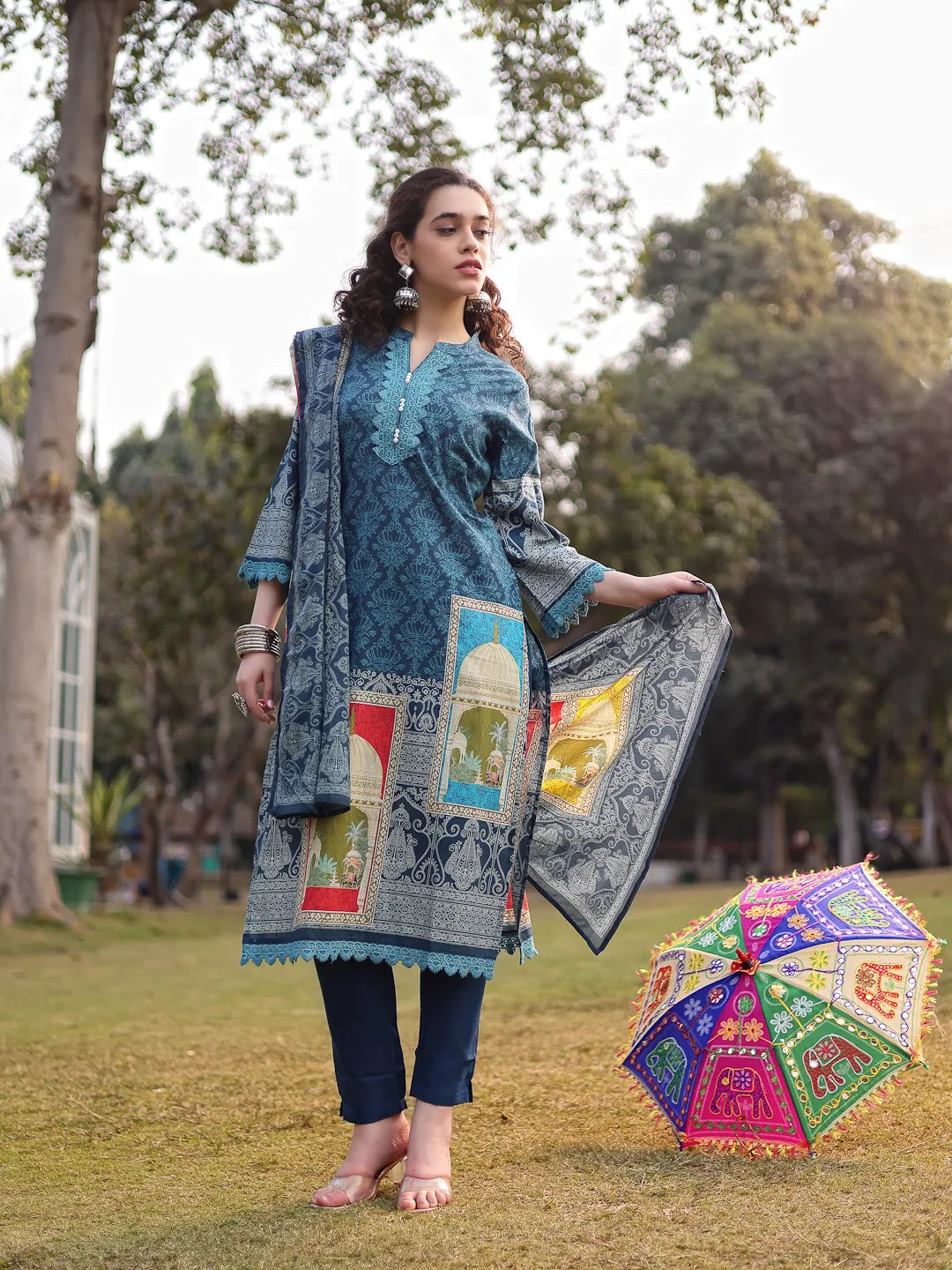 Teal Blue Pure Cotton Lace Work Pakistani Straight Kurta Dupatta Pant Set