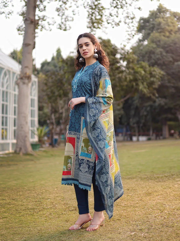 Teal Blue Pure Cotton Lace Work Pakistani Straight Kurta Dupatta Pant Set