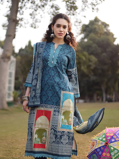 Teal Blue Pure Cotton Lace Work Pakistani Straight Kurta Dupatta Pant Set