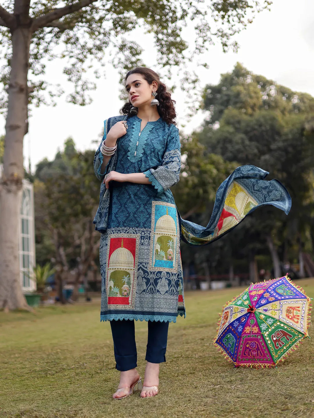 Teal Blue Pure Cotton Lace Work Pakistani Straight Kurta Dupatta Pant Set