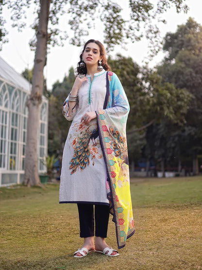 White Pure Cotton Ethnic Motifs Pakistani Style Kurta Trouser Dupatta Set