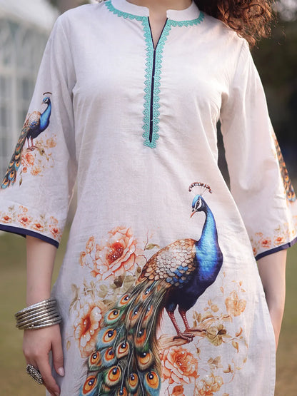 White Pure Cotton Ethnic Motifs Pakistani Style Kurta Trouser Dupatta Set