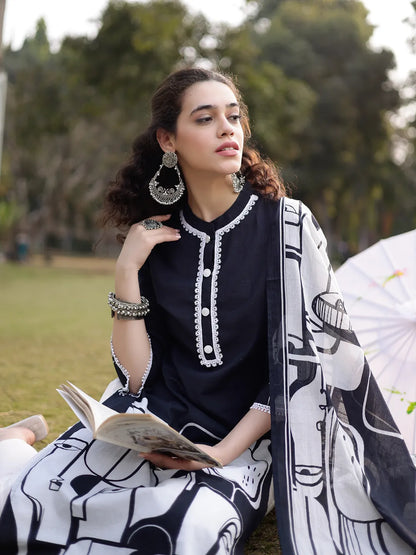 Black Pure Cotton Ethnic Motifs Pakistani Style Kurta Trouser Dupatta Set