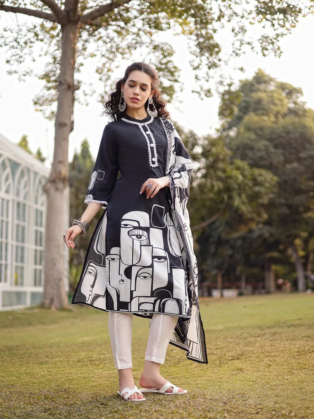 Black Pure Cotton Ethnic Motifs Pakistani Style Kurta Trouser Dupatta Set