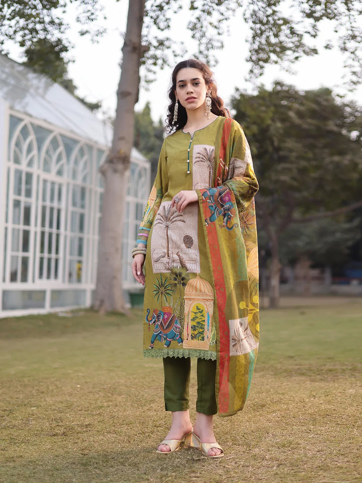 Green Pure Cotton Sequins-Work Piping Pakistani Style Kurta Trouser Dupatta Set
