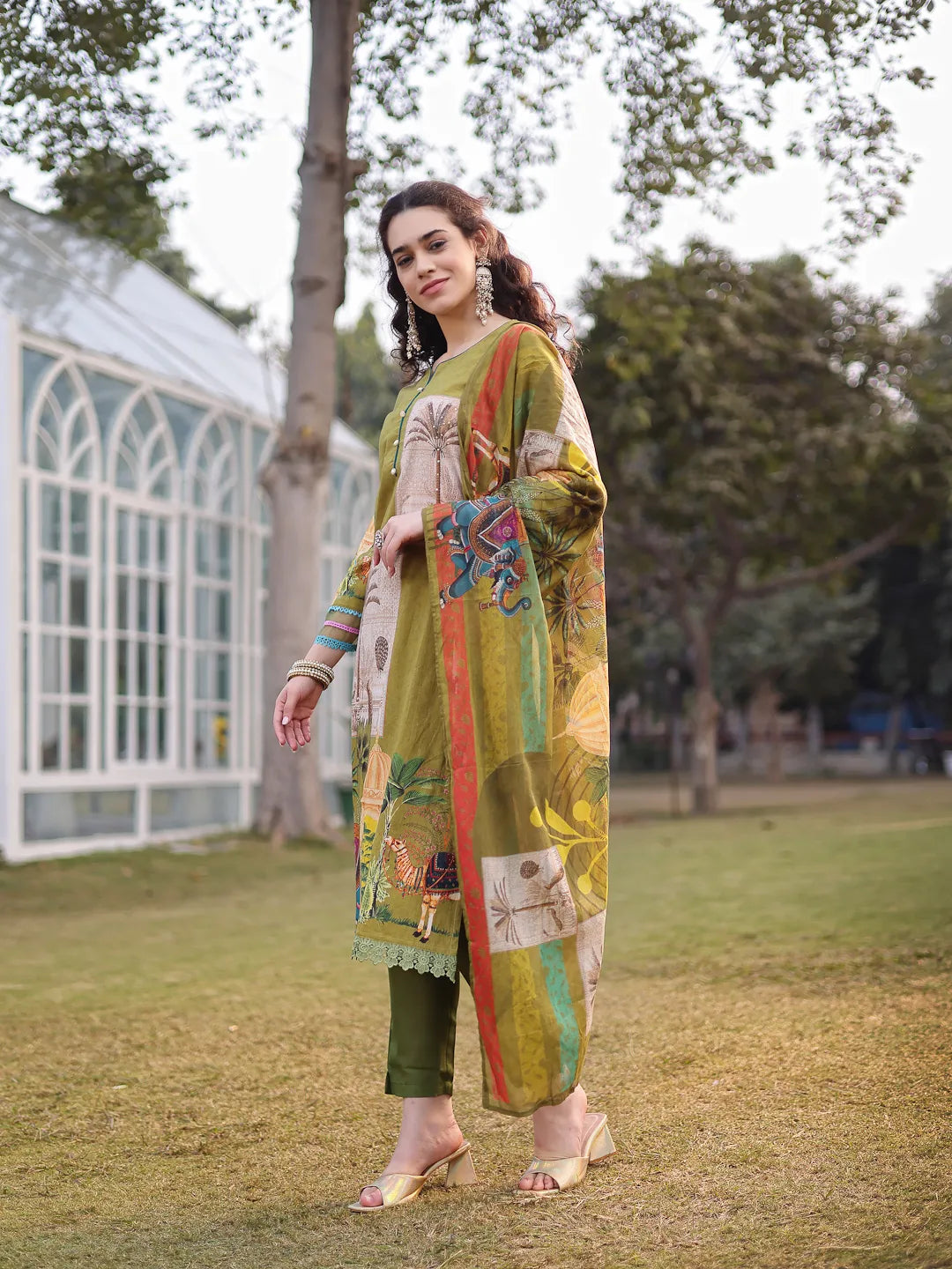 Green Pure Cotton Sequins-Work Piping Pakistani Style Kurta Trouser Dupatta Set