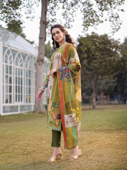 Green Pure Cotton Sequins-Work Piping Pakistani Style Kurta Trouser Dupatta Set