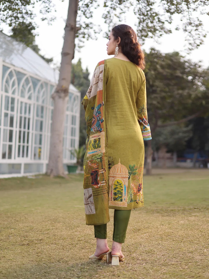 Green Pure Cotton Sequins-Work Piping Pakistani Style Kurta Trouser Dupatta Set