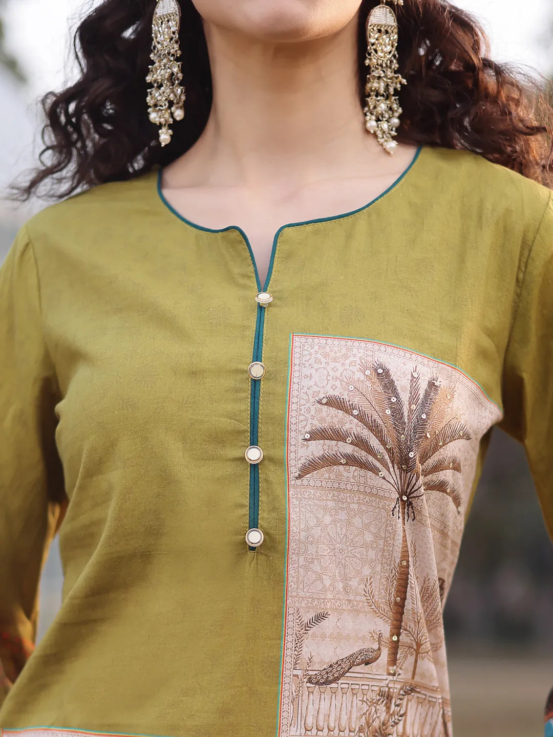 Green Pure Cotton Sequins-Work Piping Pakistani Style Kurta Trouser Dupatta Set