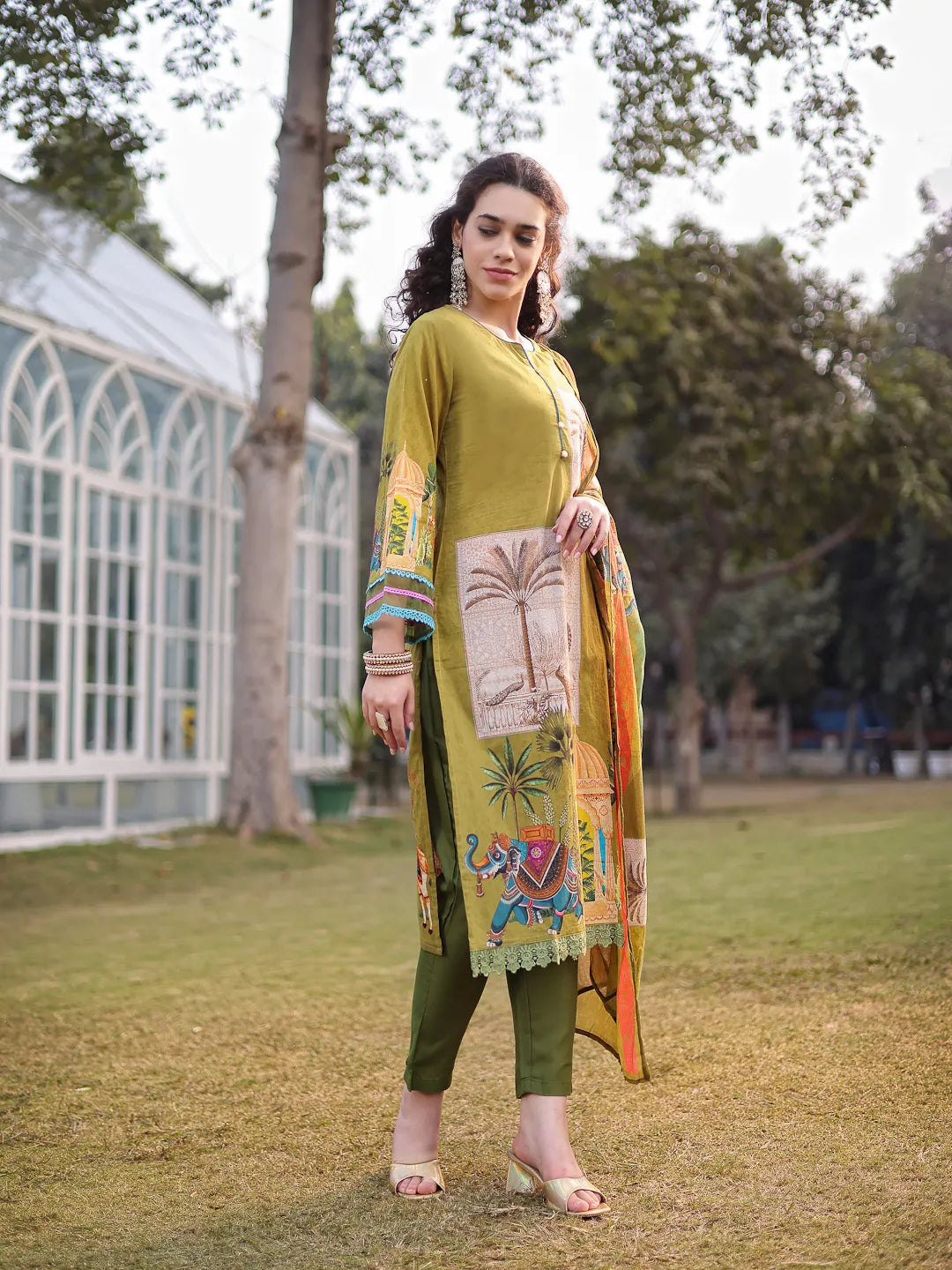 Green Pure Cotton Sequins-Work Piping Pakistani Style Kurta Trouser Dupatta Set