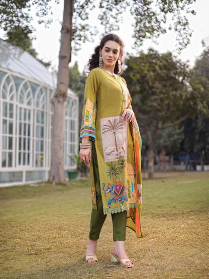 Green Pure Cotton Sequins-Work Piping Pakistani Style Kurta Trouser Dupatta Set