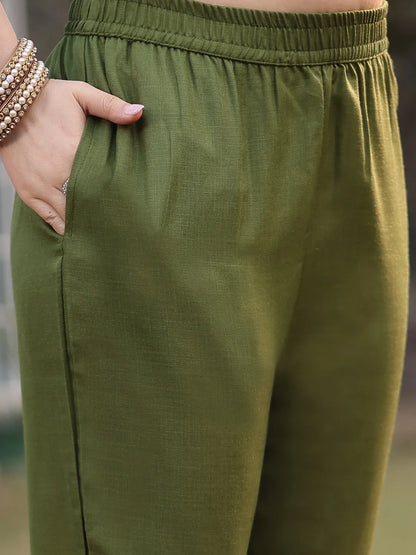 Green Pure Cotton Sequins-Work Piping Pakistani Style Kurta Trouser Dupatta Set