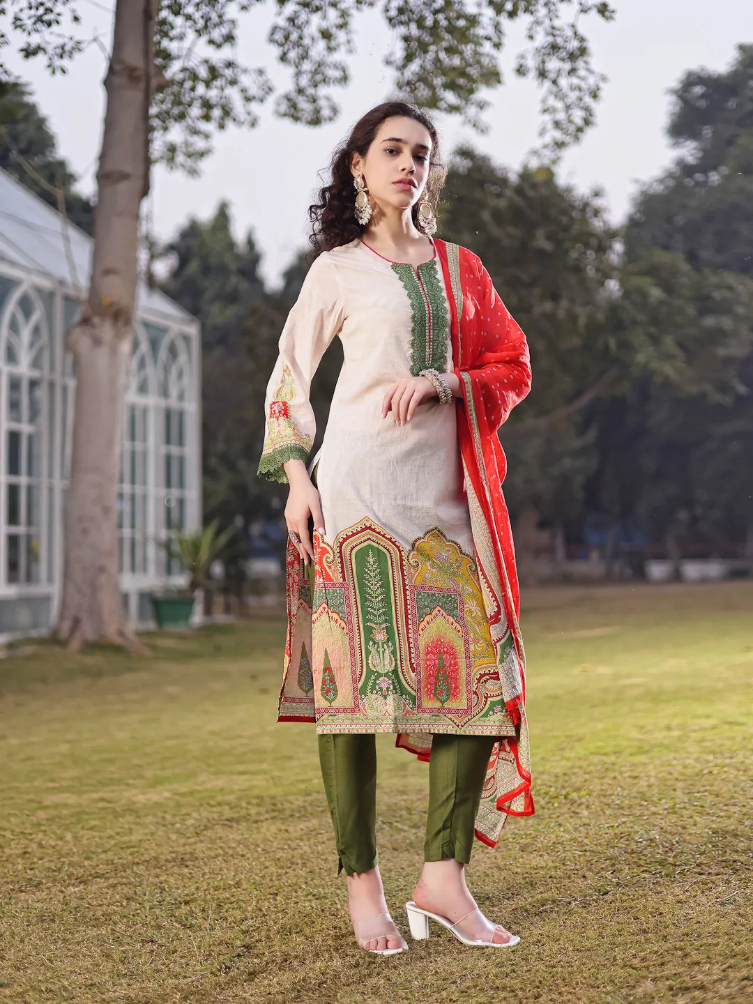 Cream Cotton Pakistani Straight Kurta Trouser Dupatta Set