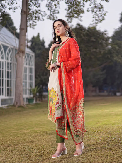 Cream Cotton Pakistani Straight Kurta Trouser Dupatta Set