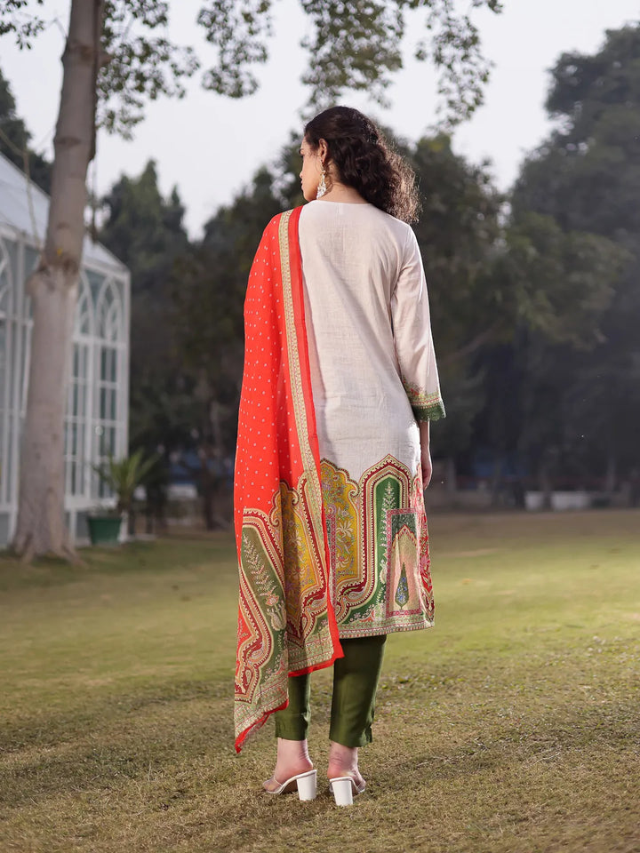 Cream Cotton Pakistani Straight Kurta Trouser Dupatta Set