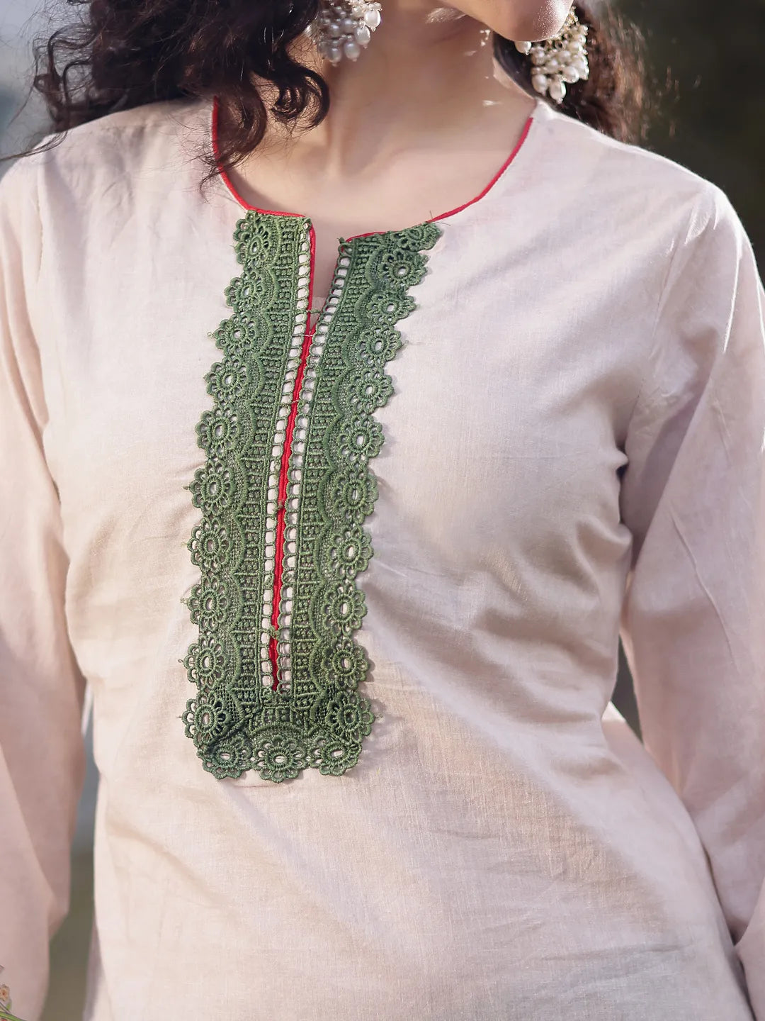 Cream Cotton Pakistani Straight Kurta Trouser Dupatta Set