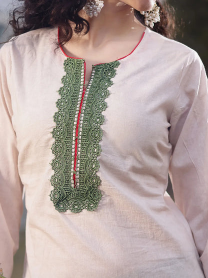 Cream Cotton Pakistani Straight Kurta Trouser Dupatta Set