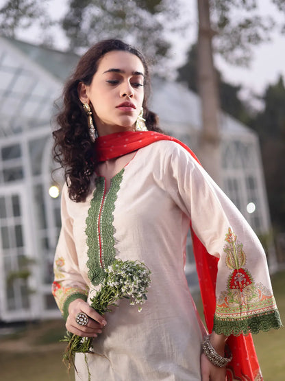 Cream Cotton Pakistani Straight Kurta Trouser Dupatta Set