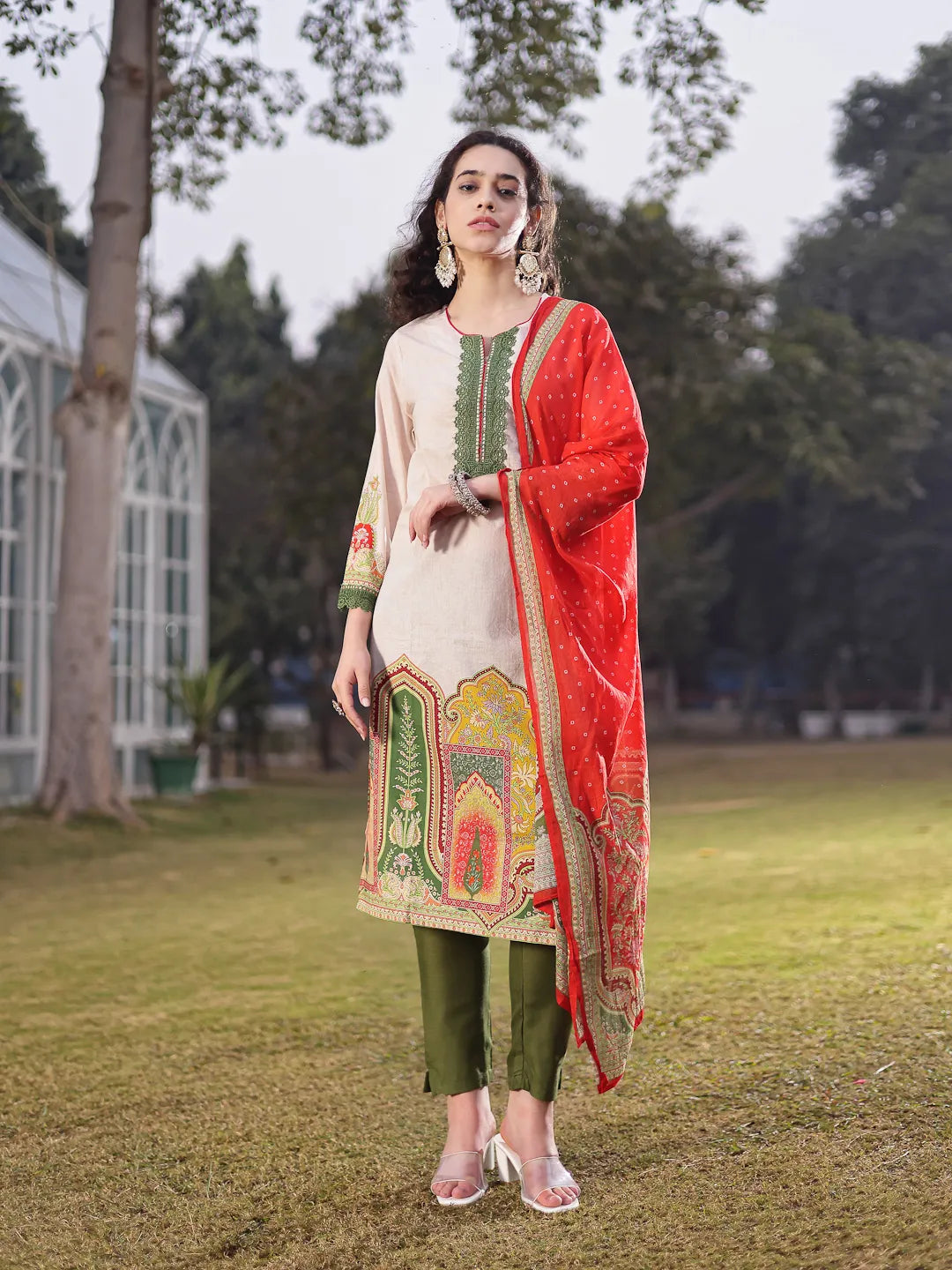 Cream Cotton Pakistani Straight Kurta Trouser Dupatta Set