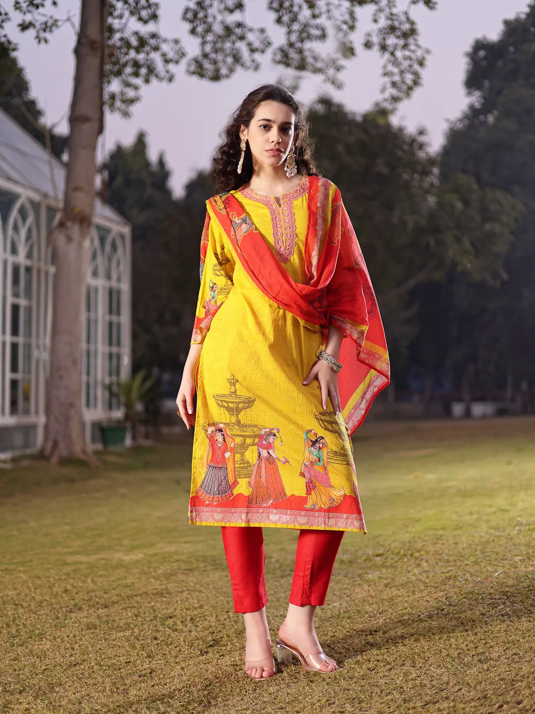 Cotton Lime Green Pakistani Straight Kurta Trouser Dupatta Set