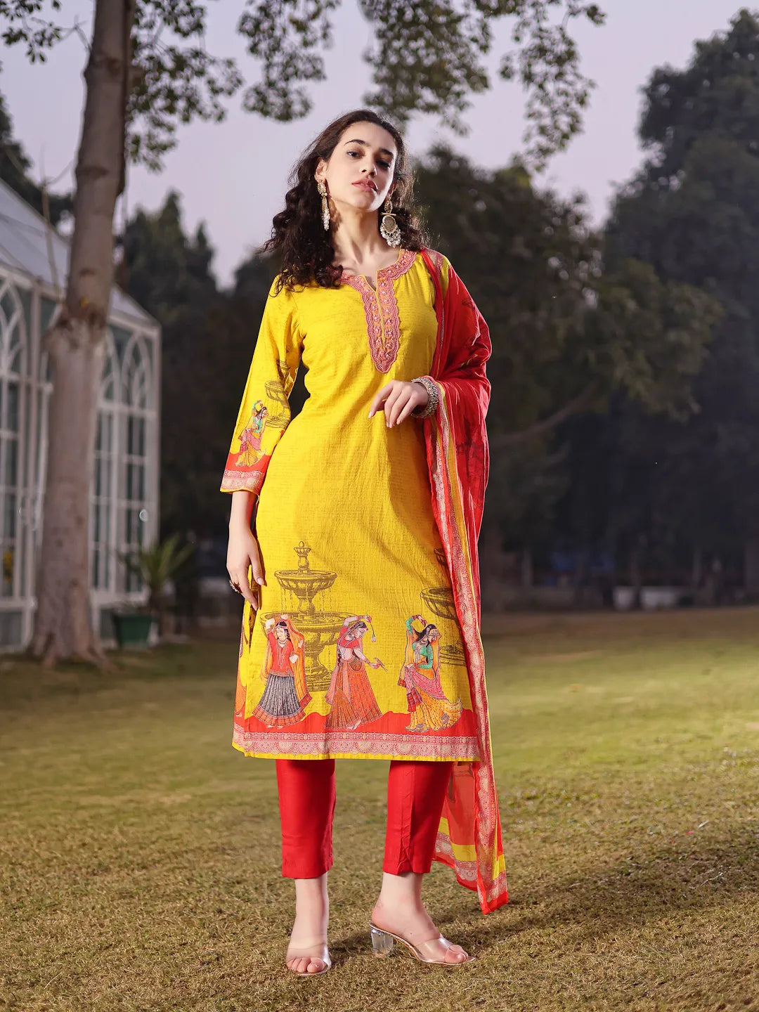 Cotton Lime Green Pakistani Straight Kurta Trouser Dupatta Set