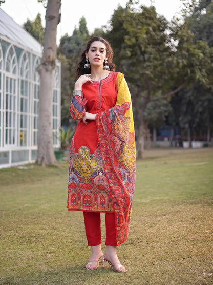 Cotton Red Lace Work Pakistani Straight Kurta Trouser Dupatta Set