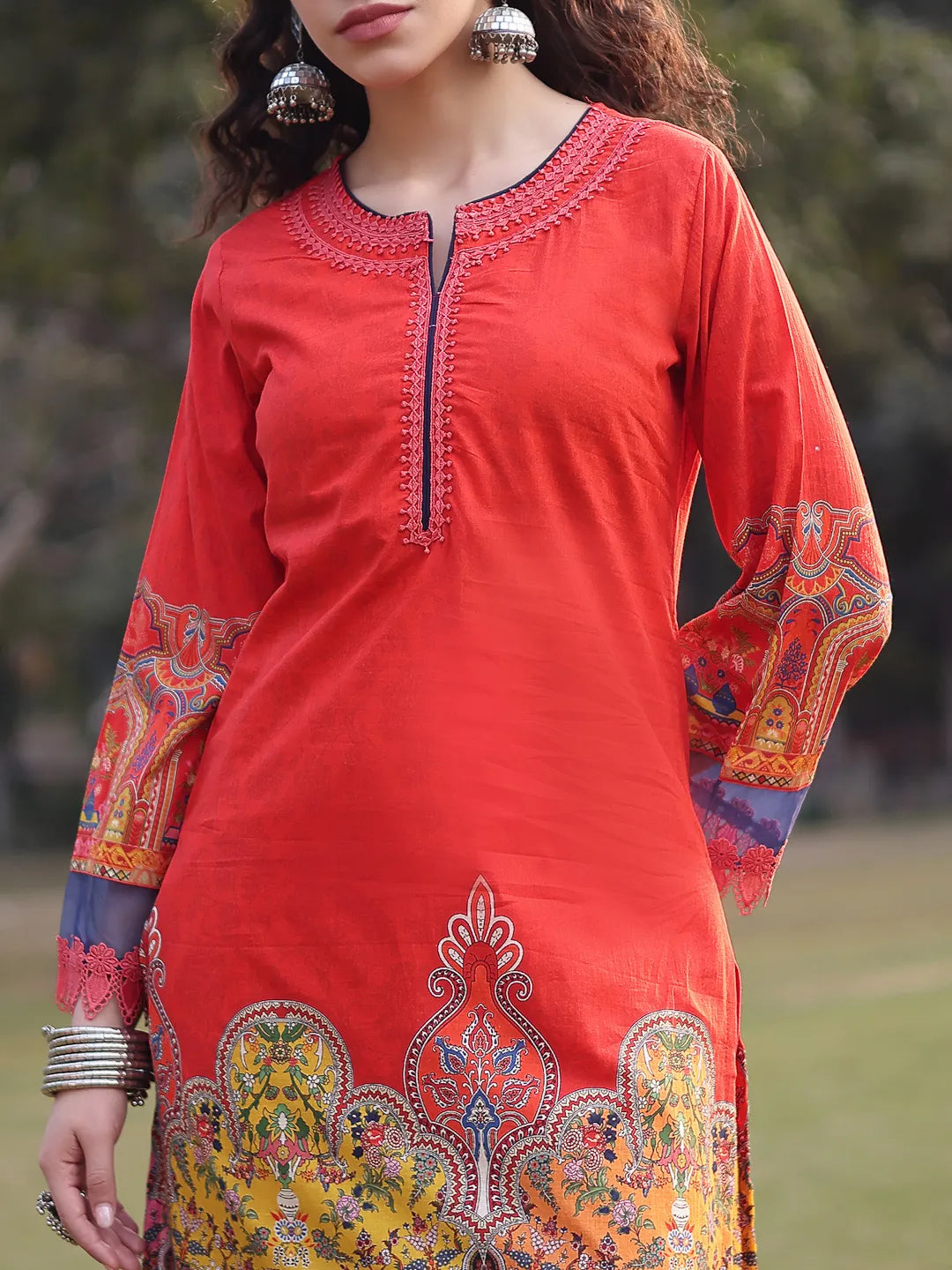 Cotton Red Lace Work Pakistani Straight Kurta Trouser Dupatta Set