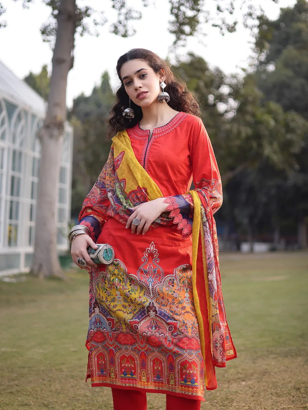 Cotton Red Lace Work Pakistani Straight Kurta Trouser Dupatta Set