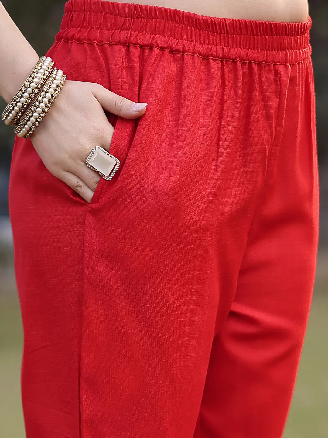 Cotton Red Lace Work Pakistani Straight Kurta Trouser Dupatta Set