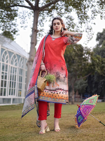Red Cotton Lace Work Pakistani Straight Kurta Trouser Dupatta Set