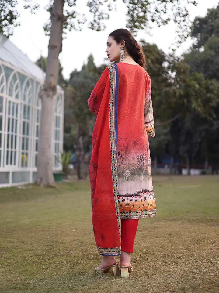Red Cotton Lace Work Pakistani Straight Kurta Trouser Dupatta Set