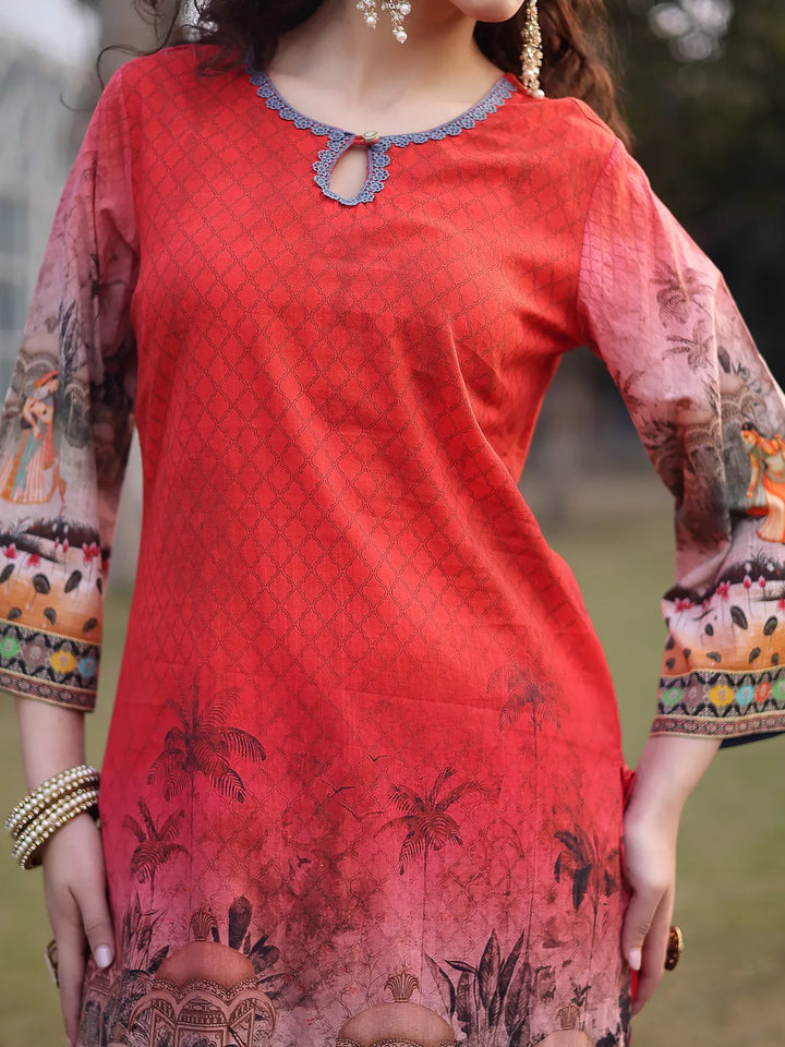 Red Cotton Lace Work Pakistani Straight Kurta Trouser Dupatta Set