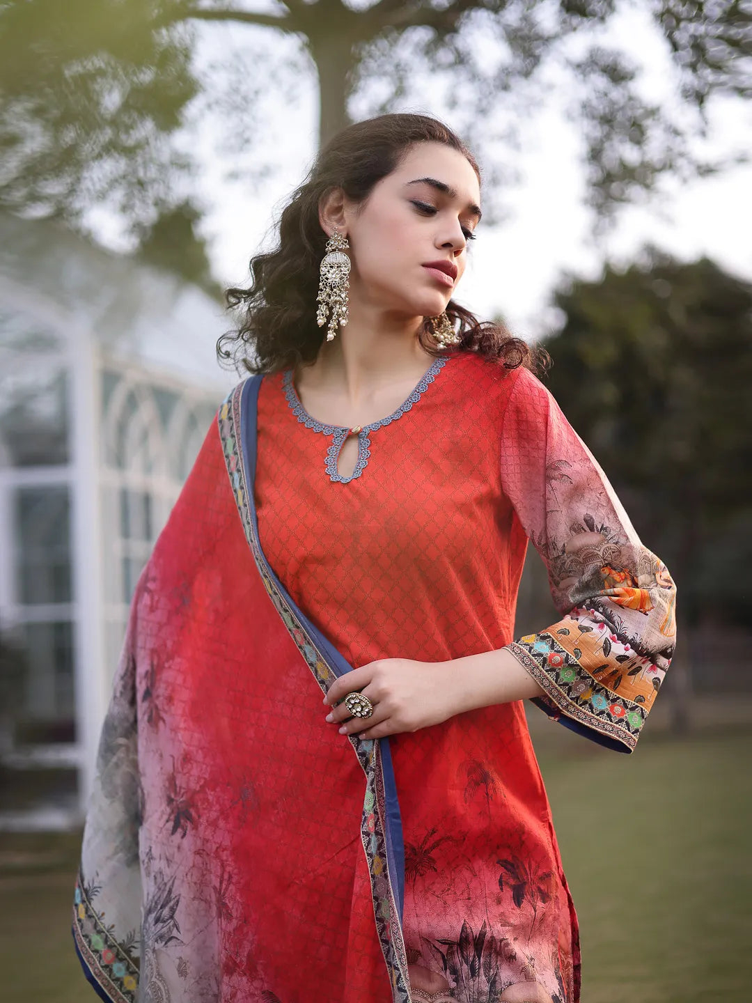 Red Cotton Lace Work Pakistani Straight Kurta Trouser Dupatta Set