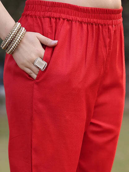 Red Cotton Lace Work Pakistani Straight Kurta Trouser Dupatta Set