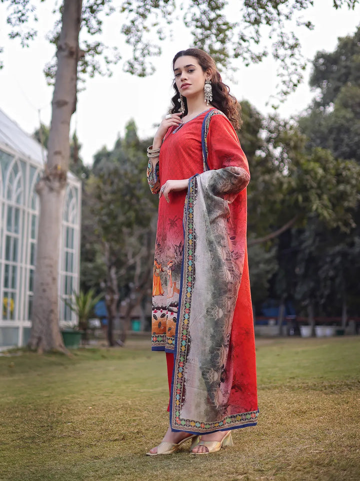 Red Cotton Lace Work Pakistani Straight Kurta Trouser Dupatta Set