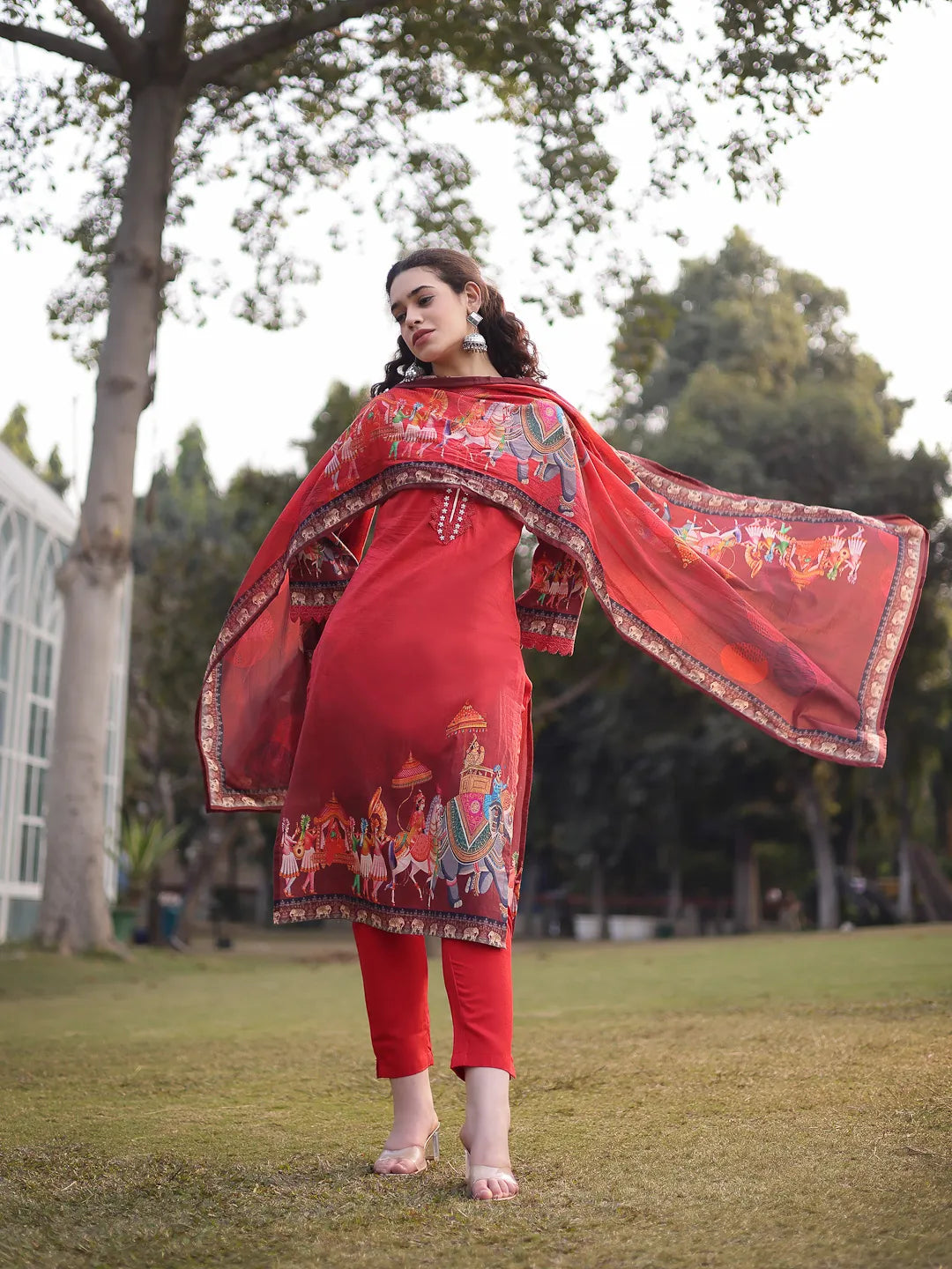 Red Cotton Beads And Stones Pakistani Straight Kurta Trouser Dupatta Set